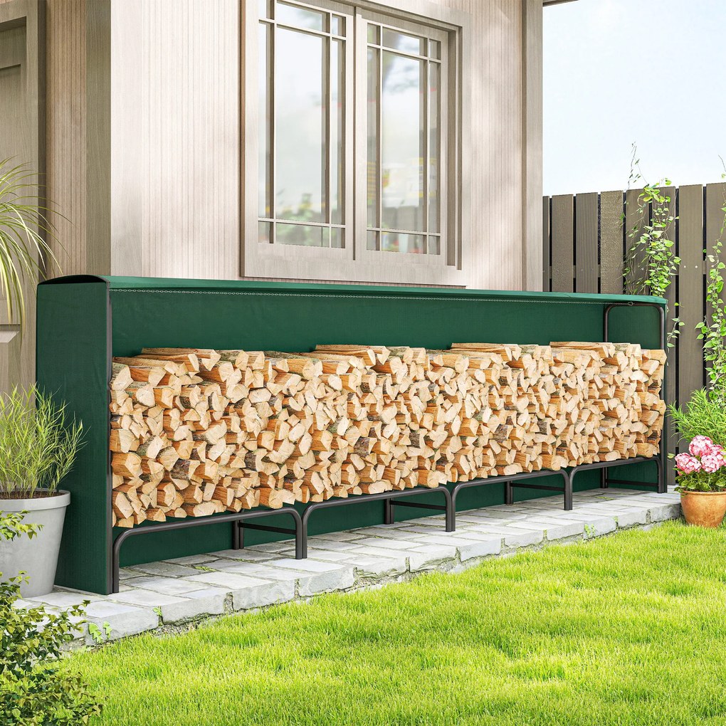 Outsunny Suport pentru Lemne 1 m³, Reglabil, cu Husă Impermeabilă din PE, Metal, 360 x 36 x 99 cm, Negru și Verde Închis | Aosom Romania