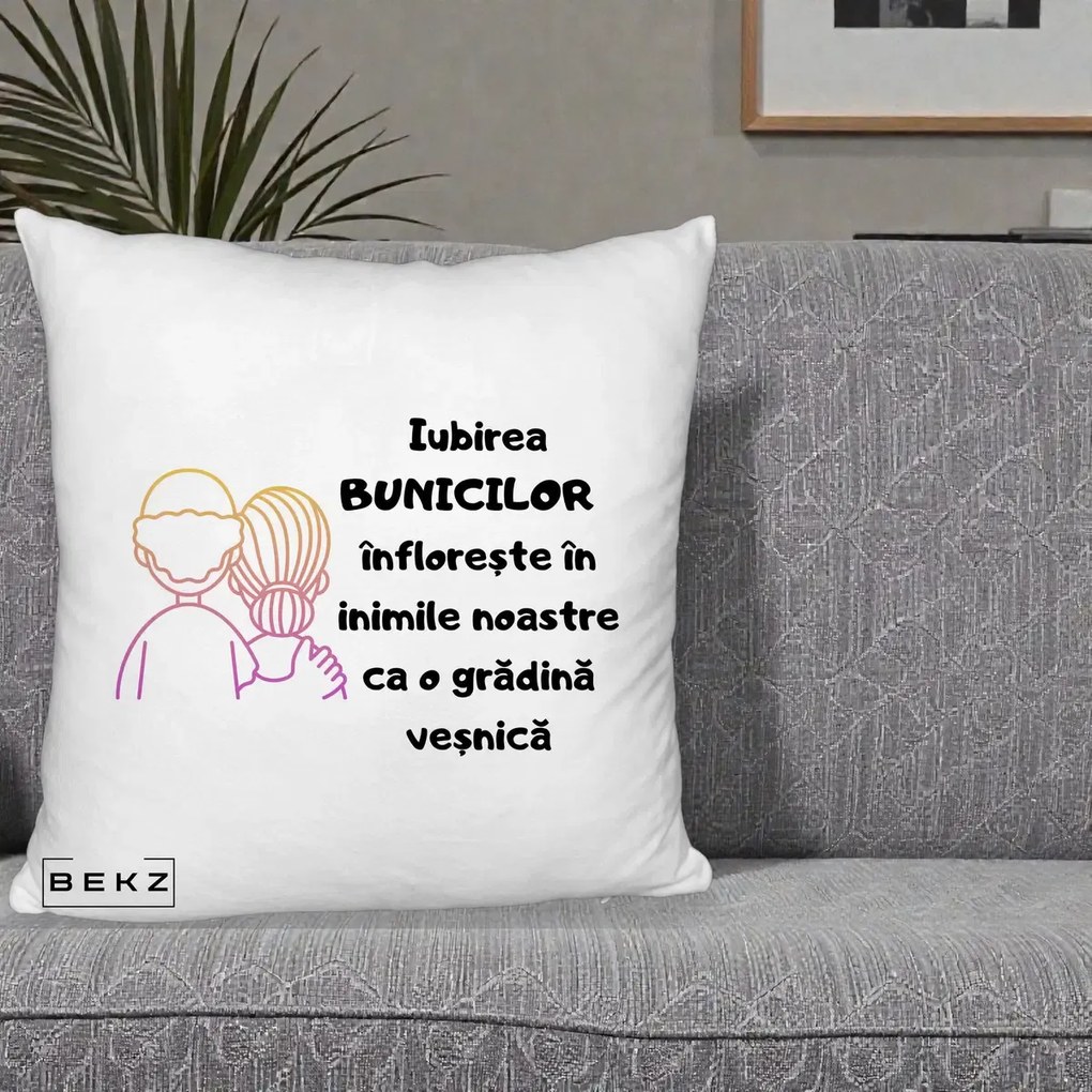 Cadou pentru Bunici - Perna Personalizata Iubirea Bunicilor Infloreste Cuplu Line Art Gradient, 40x40 cm, Alb Pufos, Husa Detasabila, Perna Inclusa, BEKZ®
