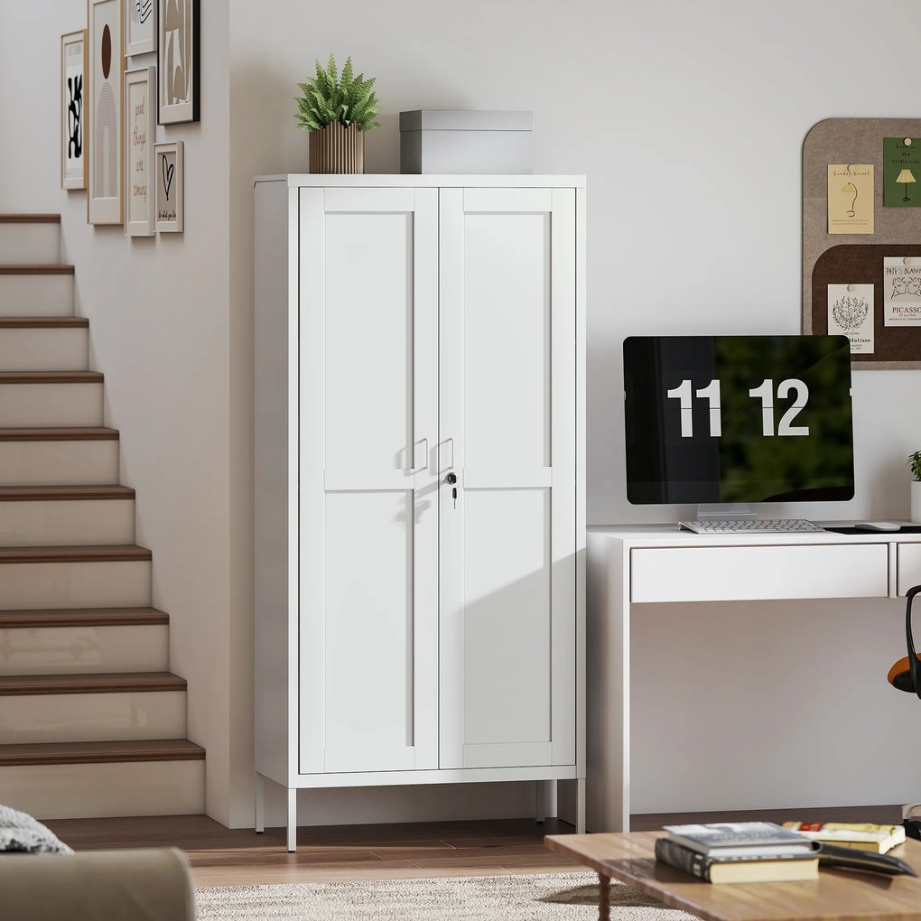 HOMCOM Dulap pentru Birou în Oțel cu 3 Rafturi Reglabile cu Serratură și 2 Chei, 80x40x175 cm, Alb | Aosom Romania