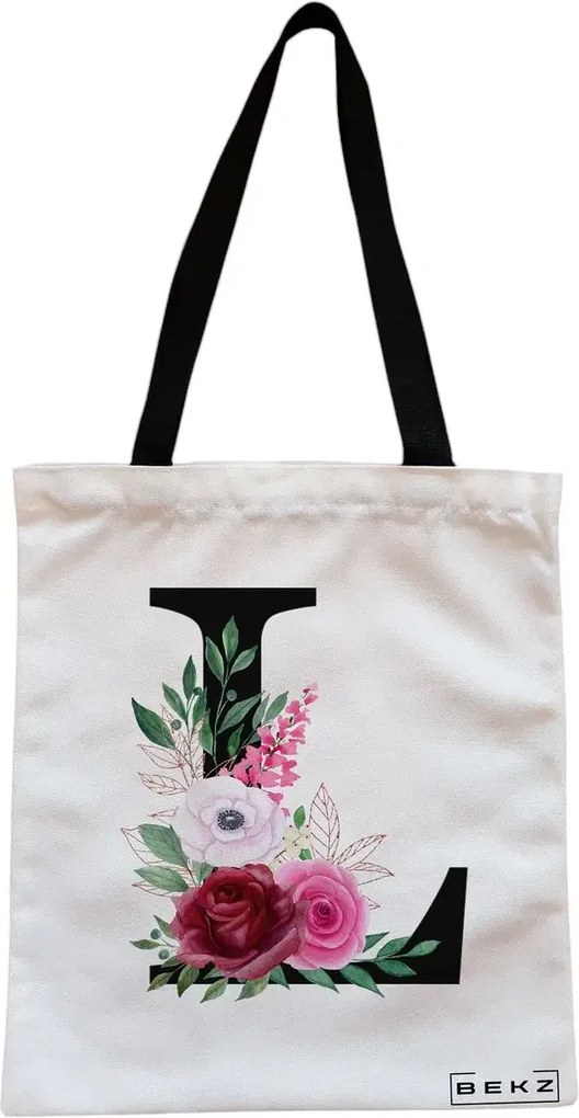 Sacosa de Panza pentru Cumparaturi, Geanta Tote, Cu litera L si Trandafiri, Cu fermoar, 38x34.5 cm, Alba, BEKZ®
