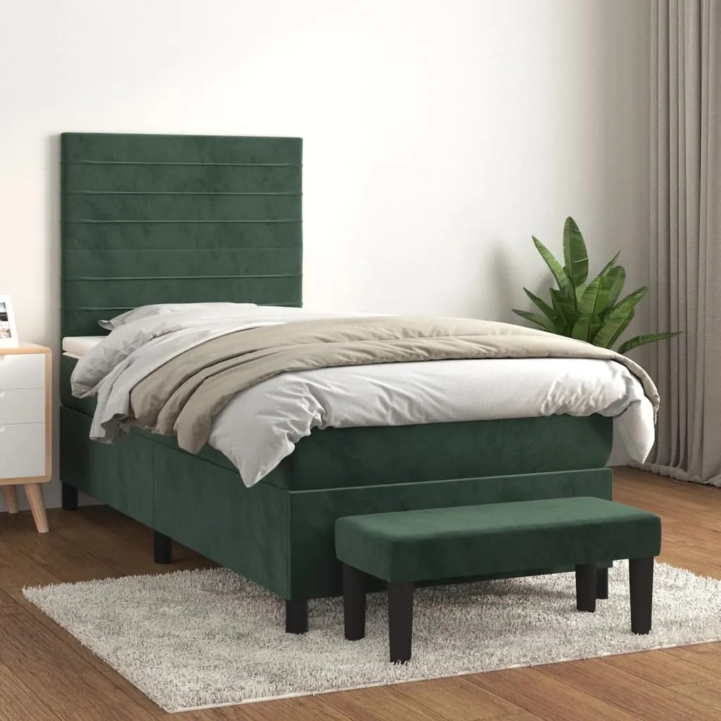 Pat box spring cu saltea, verde inchis, 80x200 cm, catifea Verde inchis, 80 x 200 cm, Benzi orizontale