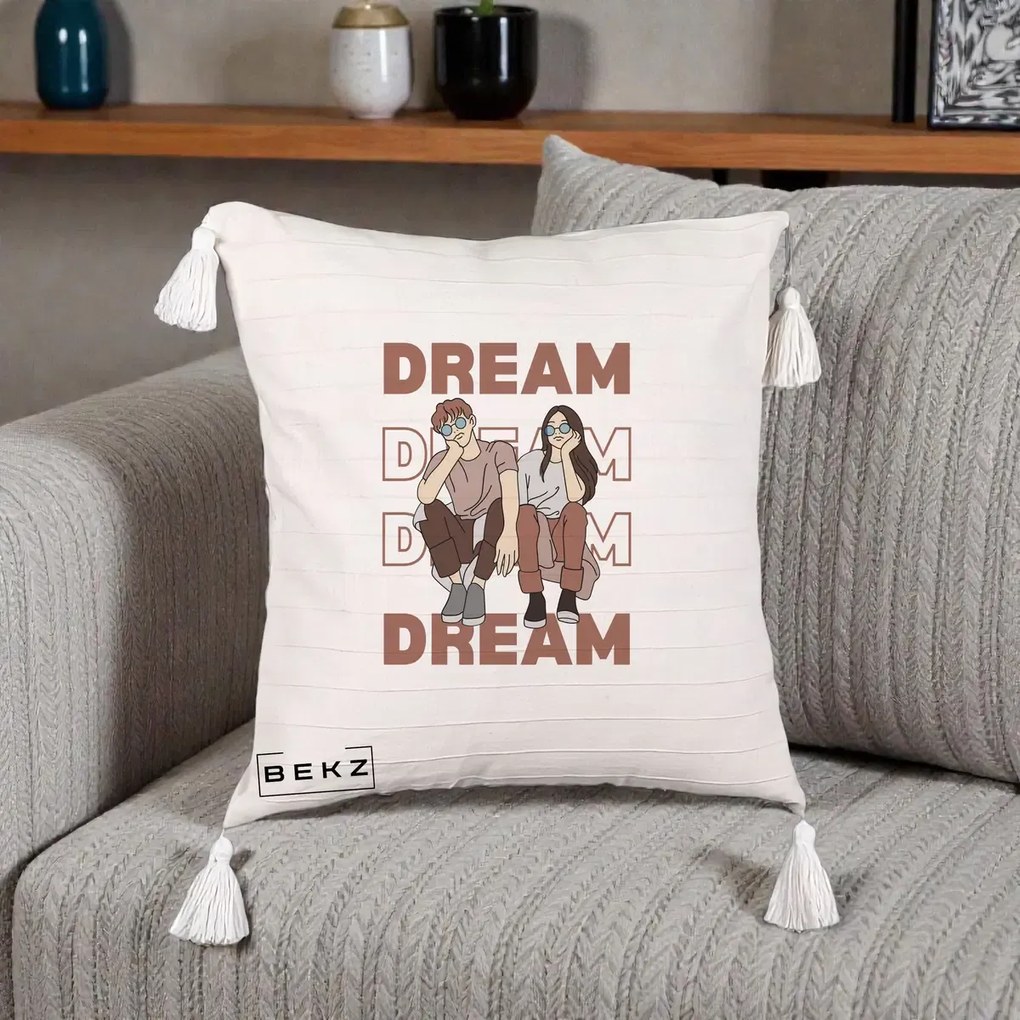 Perna Decorativa Dream Couple Aesthetic, 40x40 cm, Bej cu Franjuri, Husa Detasabila, Perna Inclusa, BEKZ®