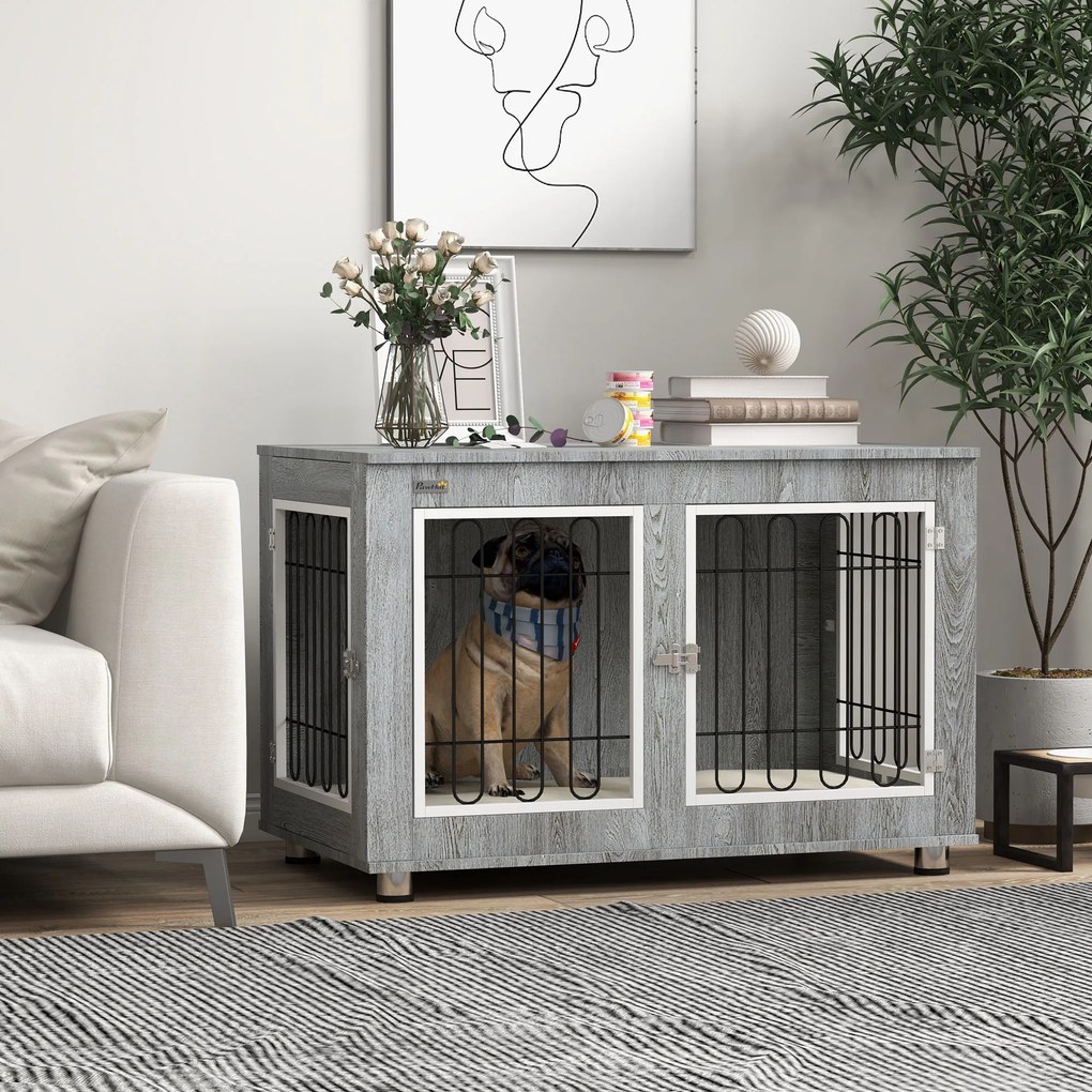 PawHut Cage pentru câini animale cușcă de câini pe picioare cu pernă detașabilă oțel aspect lemn 90 x 58 x 65 cm gri | Aosom Romania