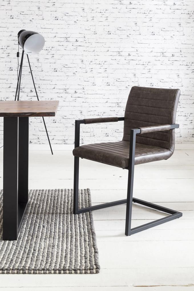 Set masa dreptunghiulara din lemn de salcam cu 4 scaune din piele artificiala maro inchis 180x90 cm