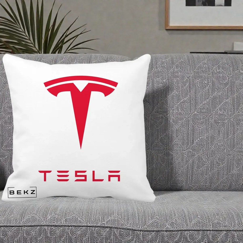 Perna Personalizata cu emblema Tesla, 40x40 cm, Alba Mata, Husa Detasabila, Perna Inclusa, BEKZ®