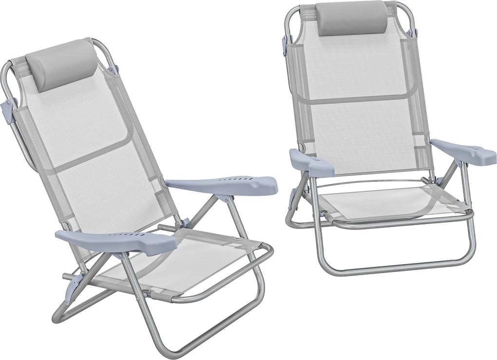 Outsunny Set 2 Scaune de Camping Pliabile cu Tetieră Căptușită și Spătar Reglabil în 6 Poziții, 62x65x80 cm, Gri Deschis | Aosom Romania