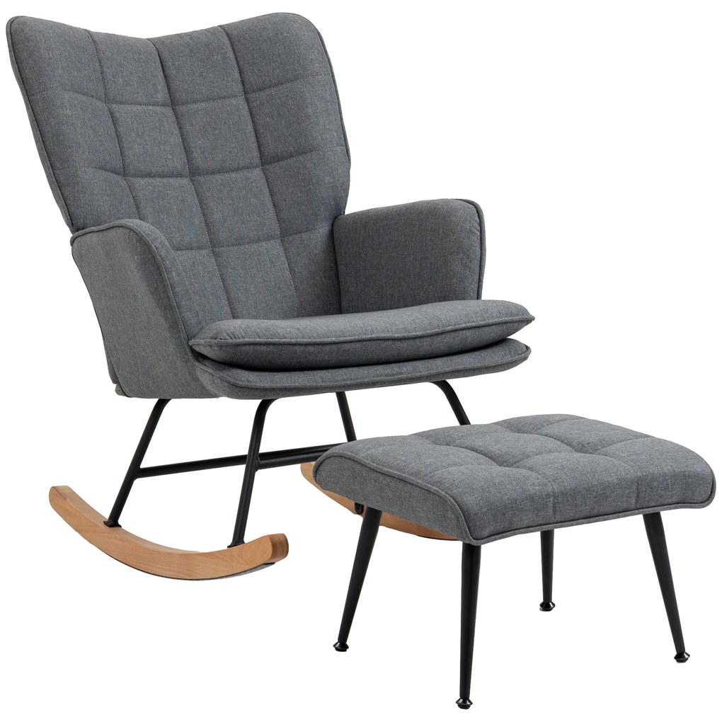HOMCOM Scaun cu leagăn cu taburet, confortabil, până la 130 kg, aspect de in, 64x89x90cm, Gri | Aosom Romania