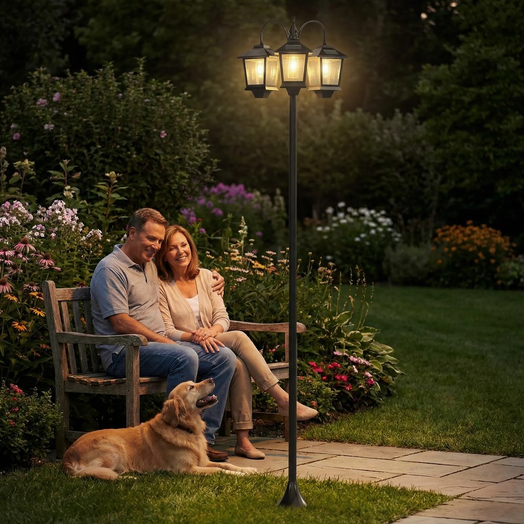 Outsunny Lampadar exterior solar cu 3 capete, lampadar pentru grădină, iluminare LED, senzor automat la apus și la răsărit, negru | Aosom Romania