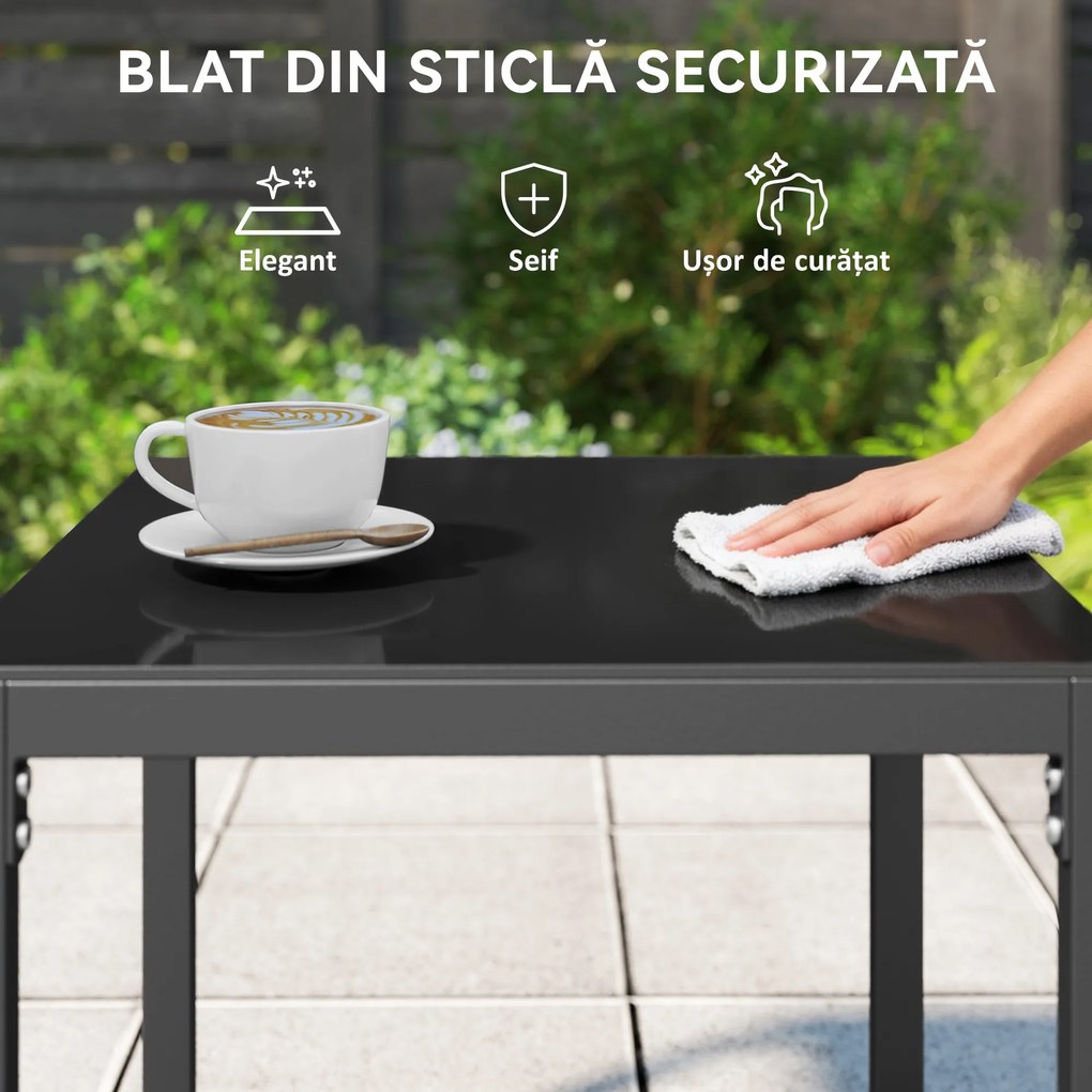 Outsunny Set de Grădină 3 Piese din Rattan PE și Oțel, Set cu 2 Fotolii cu Perne Lavabile și Măsuță de Cafea cu Blat din Sticlă, Set de Mobilier pentru Balcon, Terasă sau Curte, Gri Închis și Negru | Aosom Romania