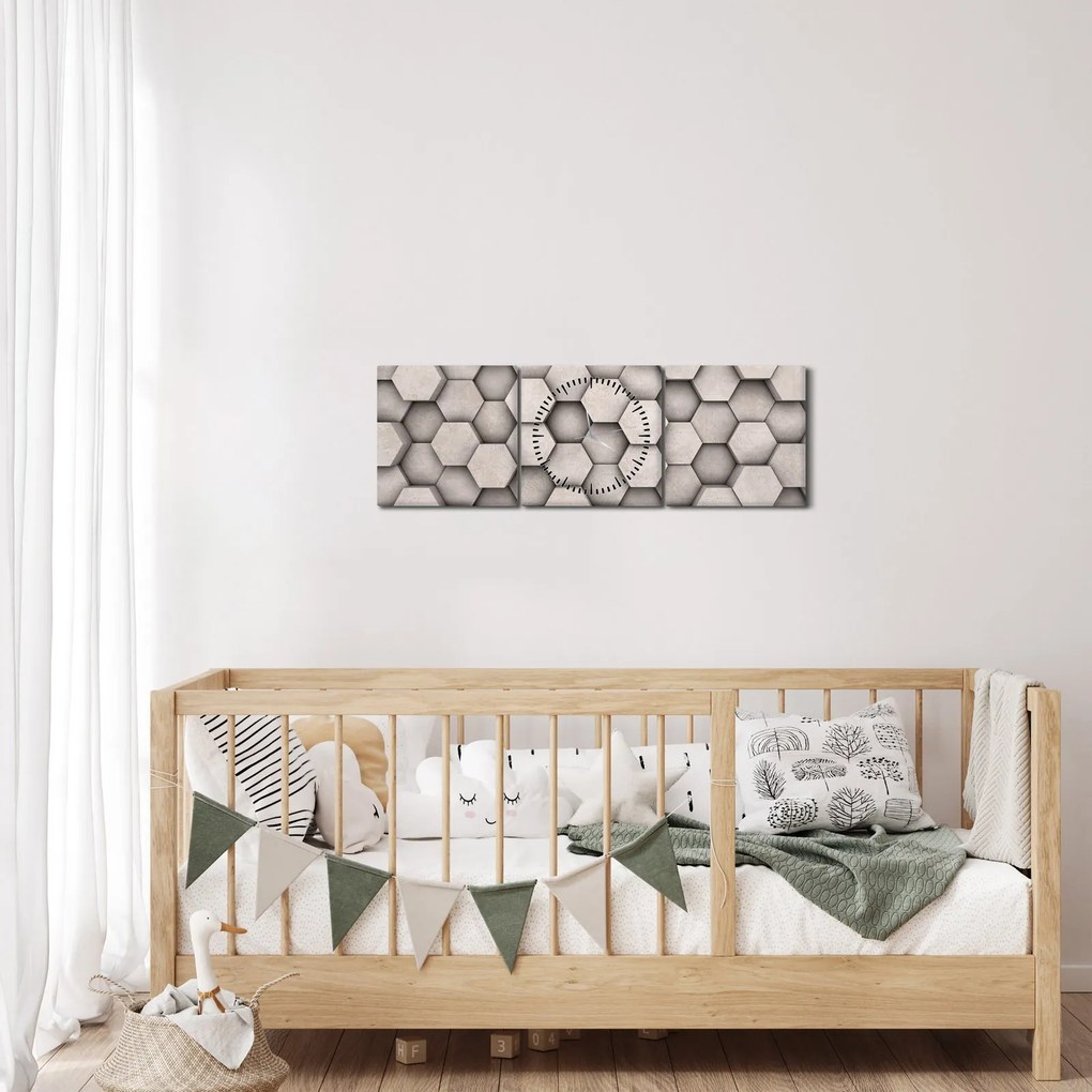 Tablou - Hexagoane design beton (cu ceas) (90x30 cm)
