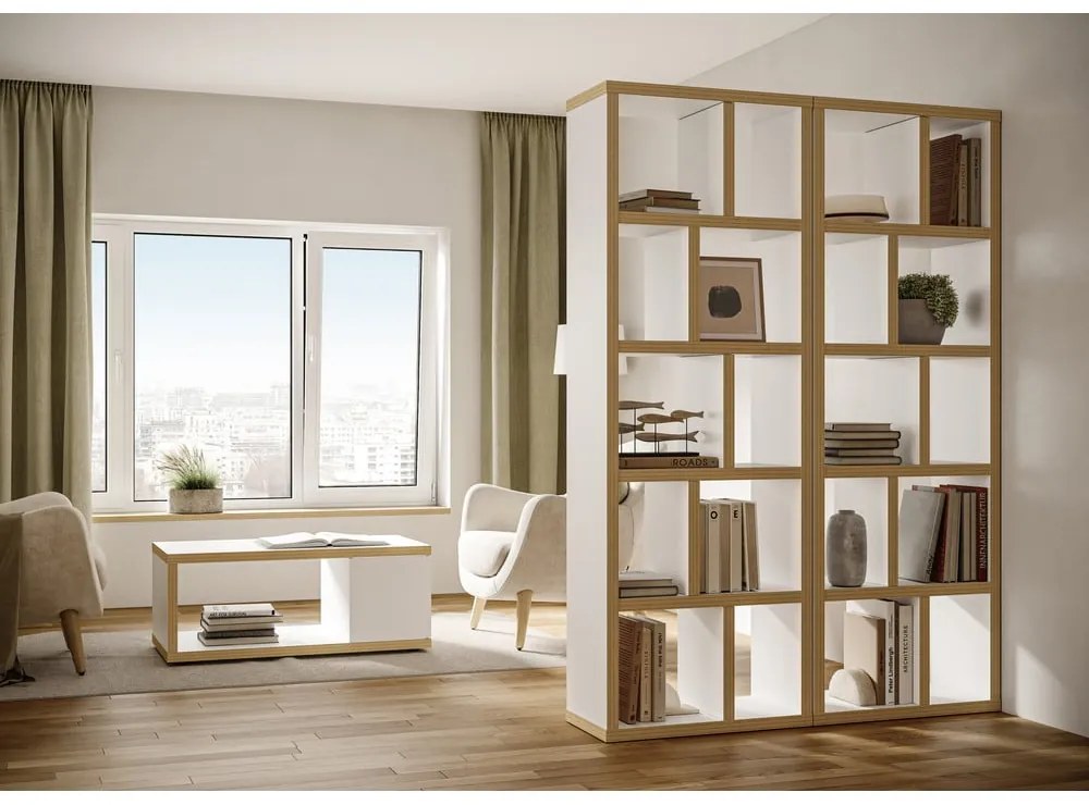 Bibliotecă TemaHome Berlin 570, decor lemn, detalii albe