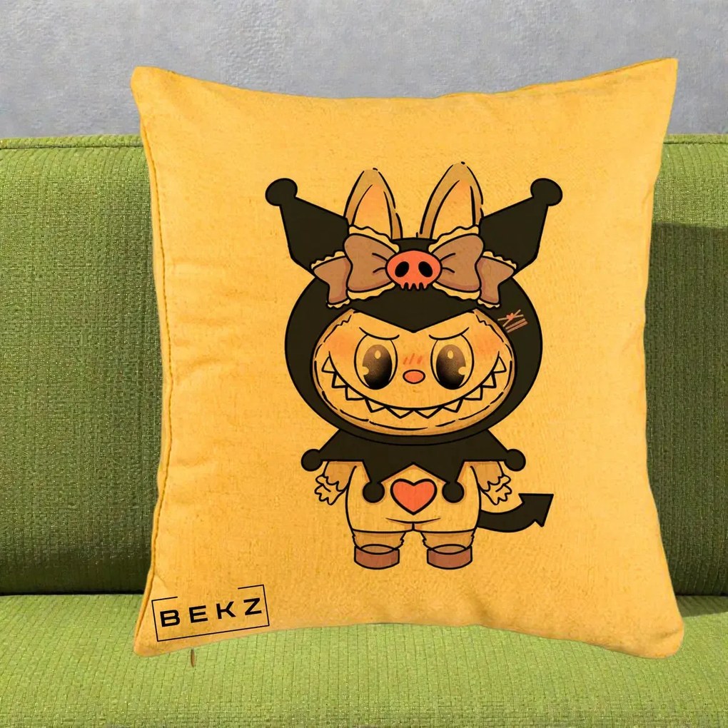 Perna Personalizata Labubu x Kuromi, 40x40 cm, Galben, Husa Detasabila, Perna Inclusa, BEKZ®