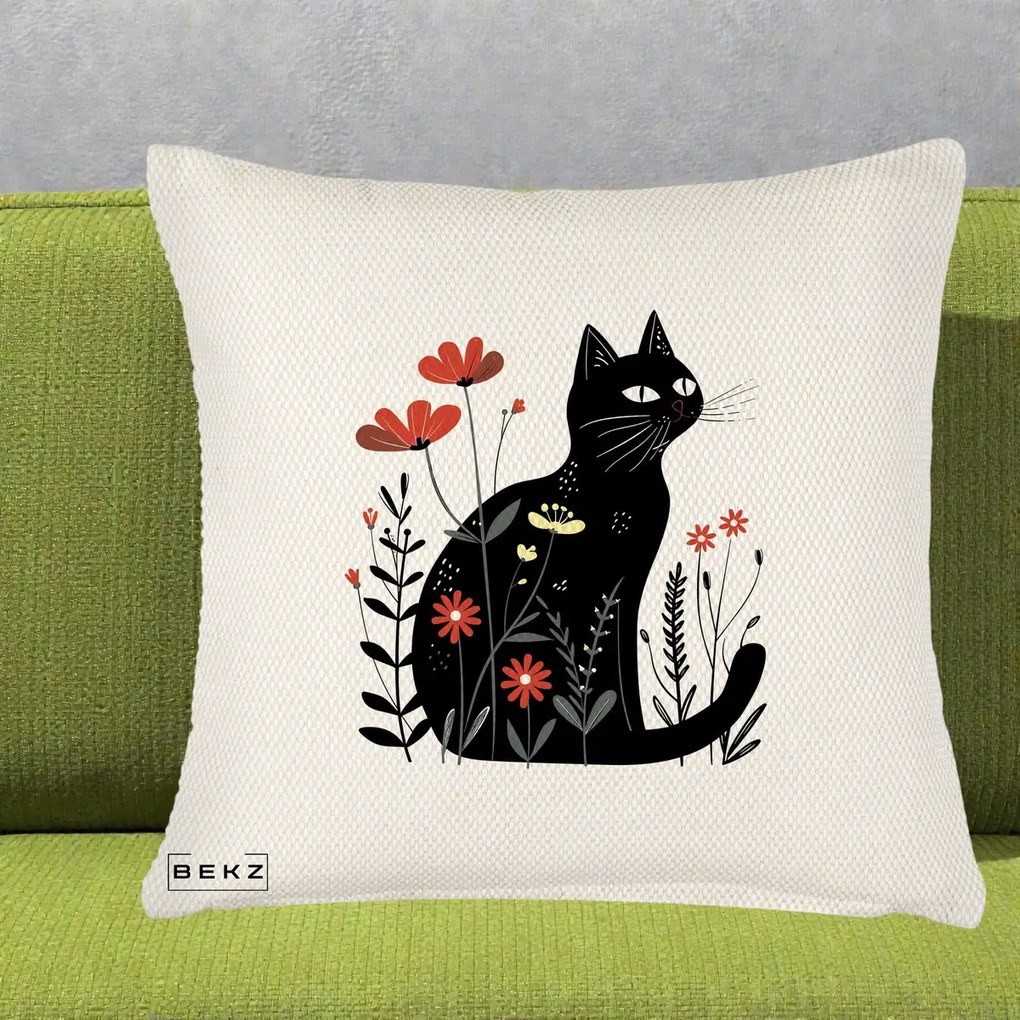 Perna Decorativa Pisica Neagra Flori Rosii Folk, 40x40 cm, Crem Reliefat, Husa Detasabila, Perna Inclusa, BEKZ®