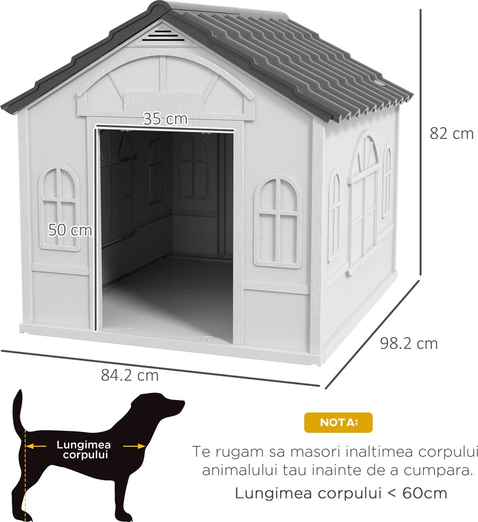 PawHut Cușcă pentru Câini cu Acoperiș Înclinat și Ușă 84.2x98.2x82 cm Gri | Aosom Romania