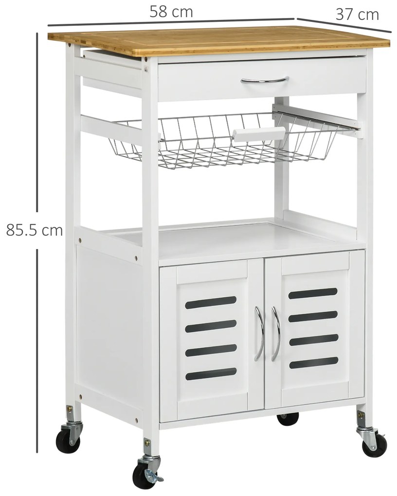 HOMCOM Carrito de Cocina cu Roti Caru cu Depozitare Multifunctional cu Suprafata de Lucru din Bambus Sertar Cos Metalic si Dulap cu 2 Usi cu Jaluzee 58x37x85,5 cm Alb | Aosom Romania