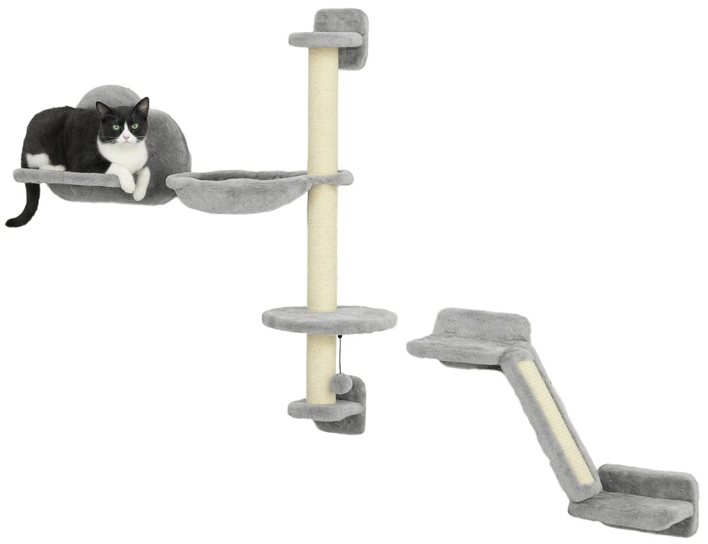 PawHut Set de 3 piese Cățărat pe Perete pentru Pisici cu Hamac Rampă cu Zgârietor Platformă în Formă de Nor Gri | Aosom Romania