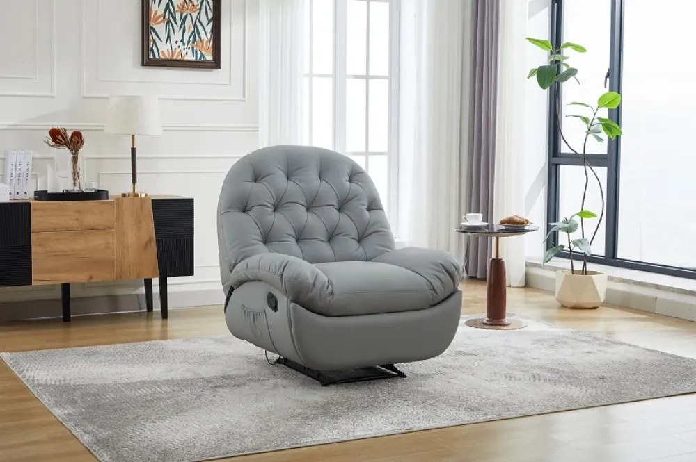 Fotoliu Recliner, suport picioare extensibil, Piele Ecologica, Gri