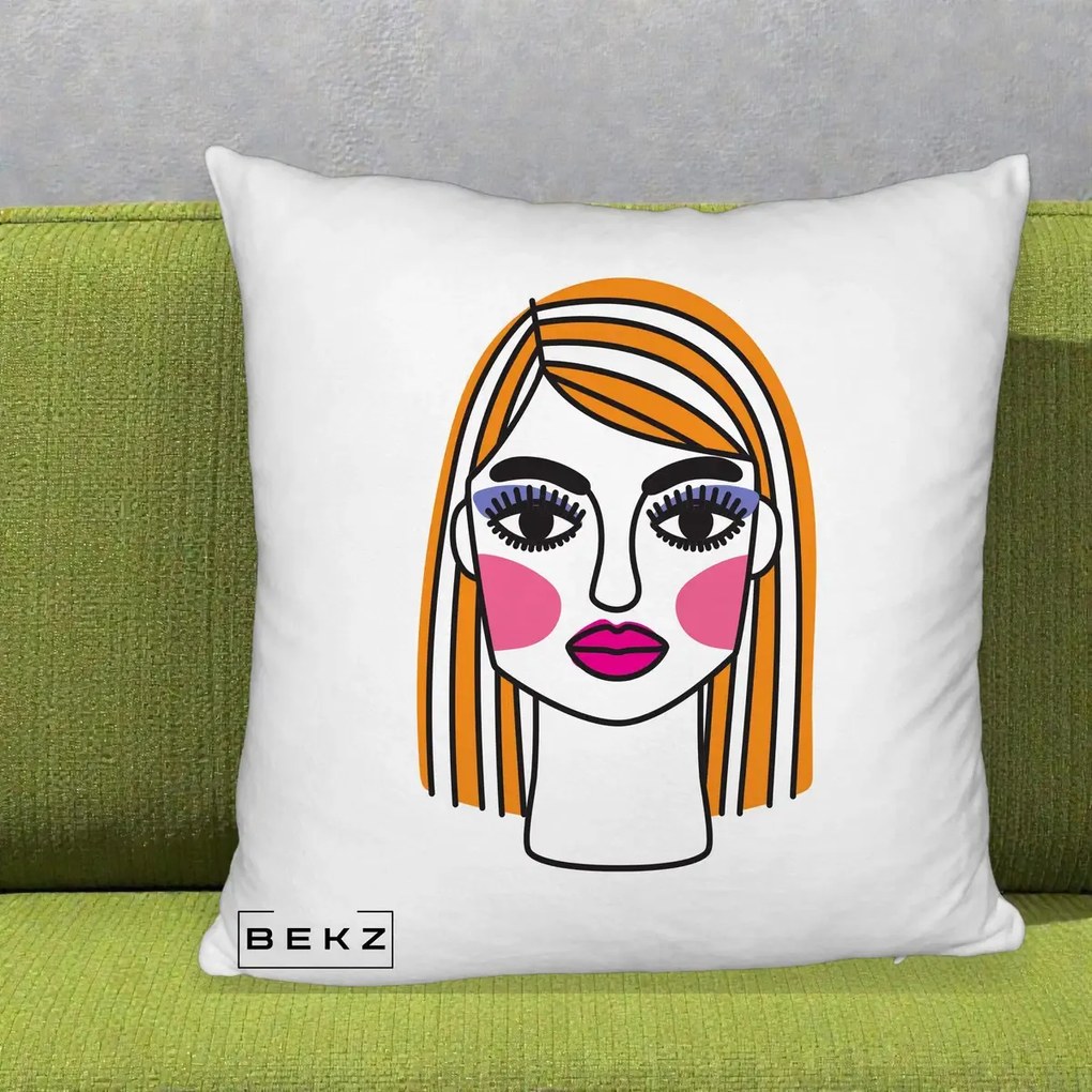 Perna Decorativa Portret Pop Art Fata, 40x40 cm, Alb Pufos, Husa Detasabila, Perna Inclusa, BEKZ®
