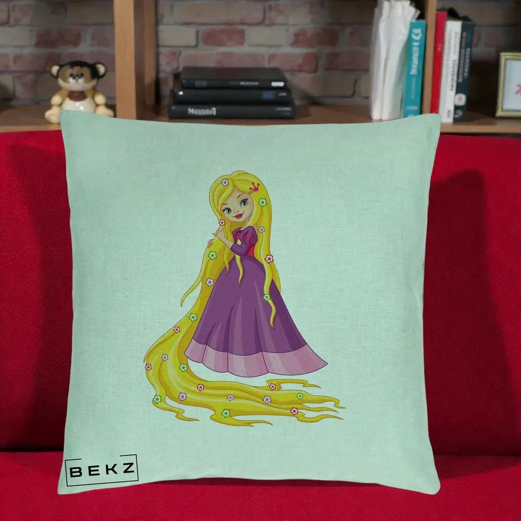 Perna Personalizata Rapunzel Par Lung Floral, 40x40 cm, Verde Menta, Husa Detasabila, Perna Inclusa, BEKZ®