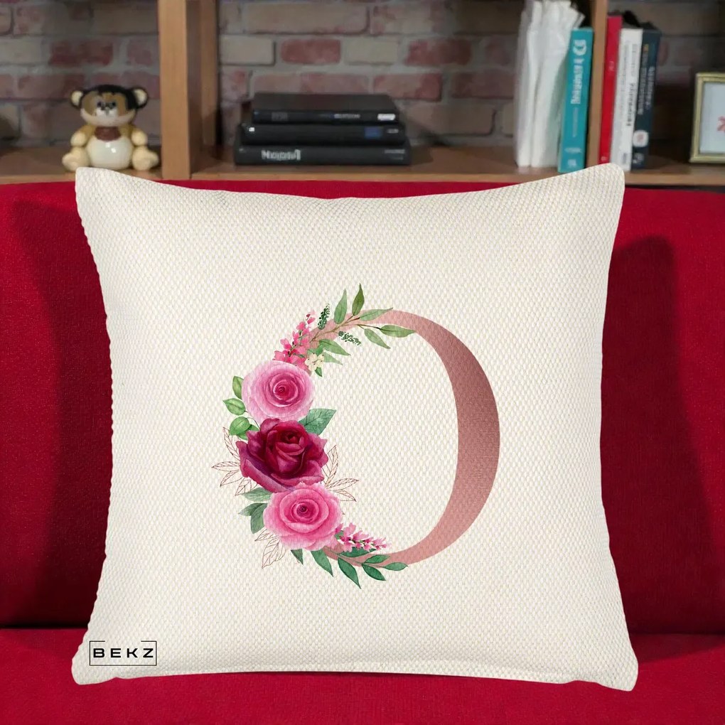 Cadou Personalizat - Perna Personalizata Monograma Rose Gold Litera O, 40x40 cm, Crem Reliefat, Husa Detasabila, Perna Inclusa, BEKZ®