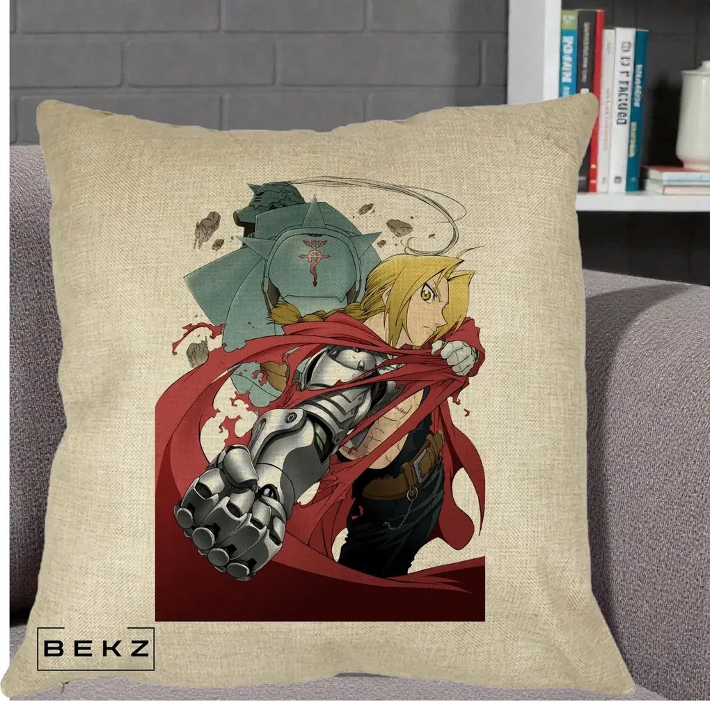Perna Personalizata Fullmetal Alchemist Brotherhood Edward si Al Poster, 40x40 cm, Crem, Husa Detasabila, Perna Inclusa, BEKZ®