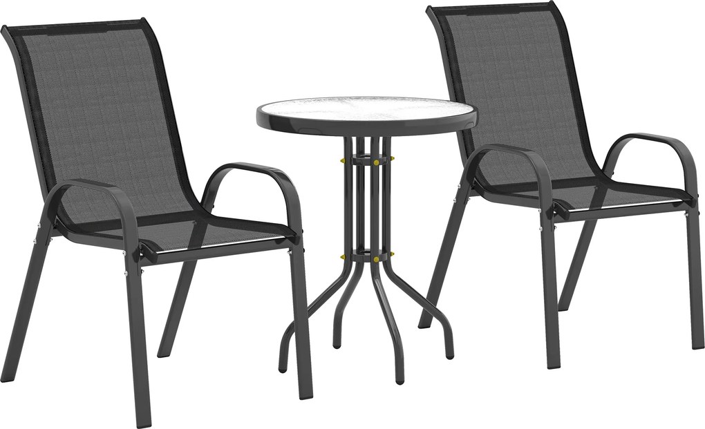 Outsunny Set Mobilier de Grădină din 3 Piese cu Scaune Suprapozabile și Masă din Sticlă, 54x71x93 cm, Gri Închis | Aosom Romania