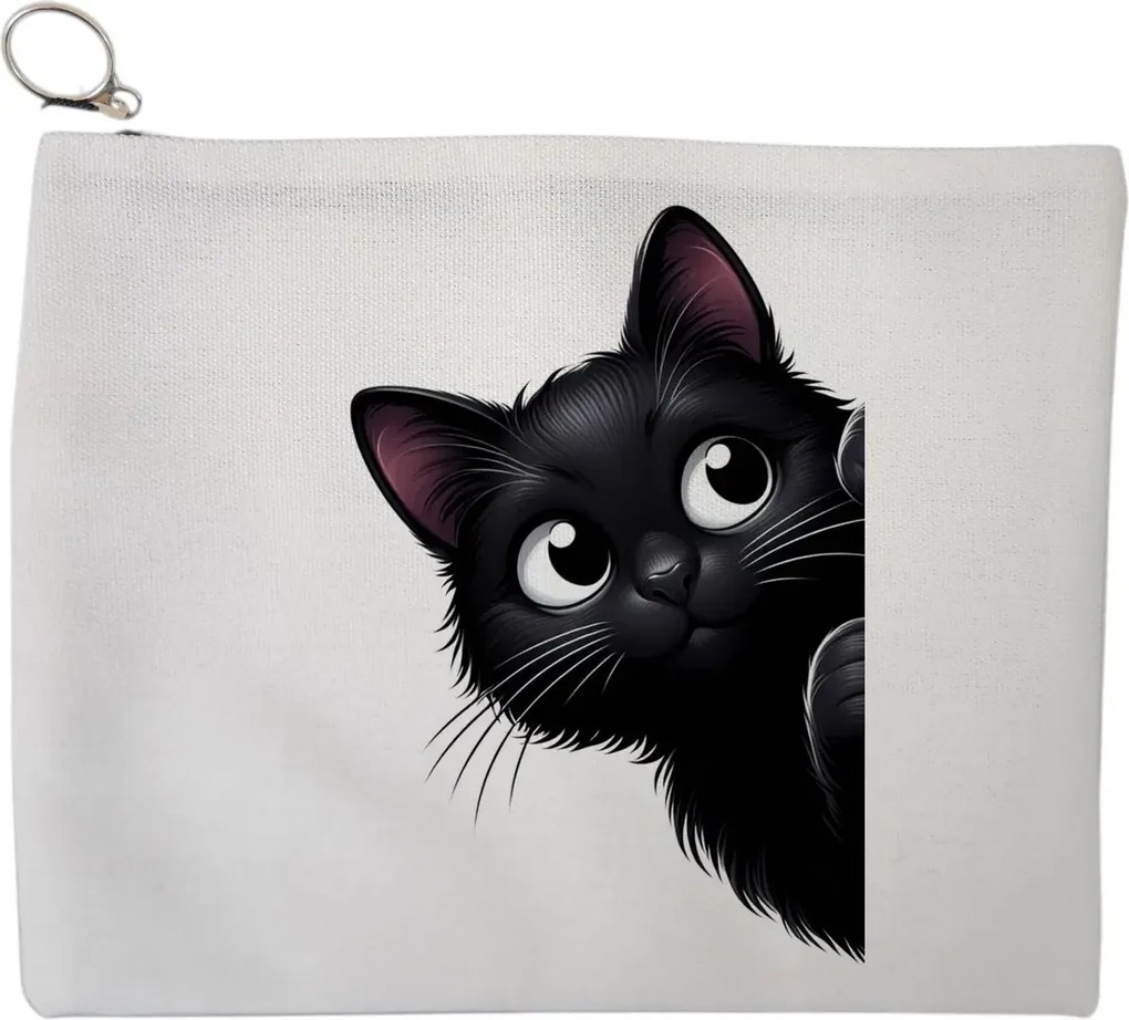 Portfard Cosmetice tip Plic, model Curious Black Kitten, 23x18 cm, Alb, BEKZ®