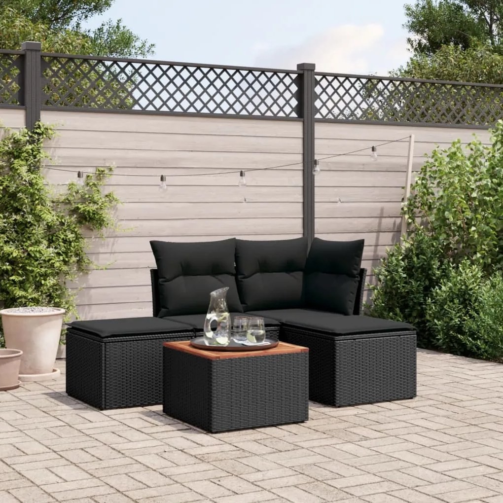 vidaXL Set mobilier de grădină cu perne, 5 piese, negru, poliratan
