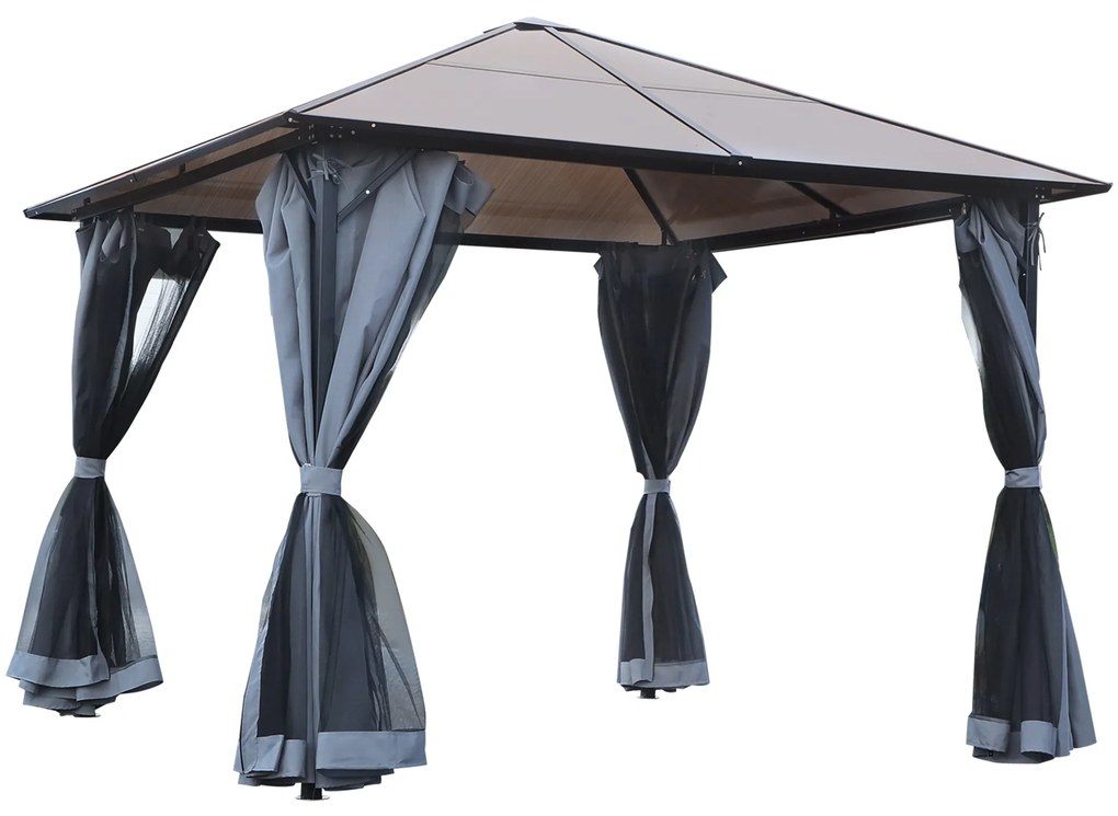 Outsunny Pavilion cu acoperiș din policarbonat, perdele cu plasă de insecte, structură de aluminiu, gri închis, 3 x 3 m | Aosom Romania