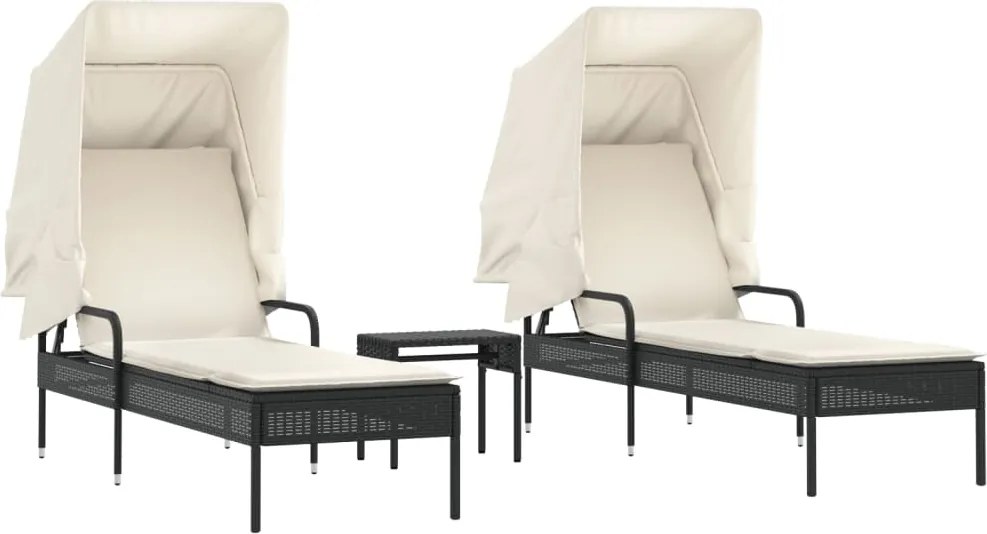 vidaXL Șezlonguri, 2 buc., cu baldachine și masă, negru, poliratan