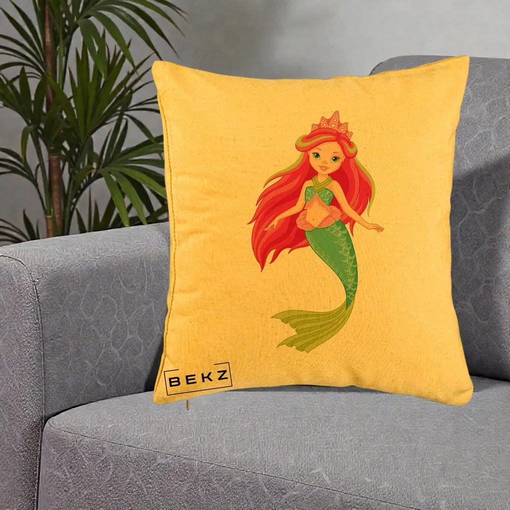 Perna Decorativa Sirena Roz cu Coroana, 40x40 cm, Galben, Husa Detasabila, Perna Inclusa, BEKZ®