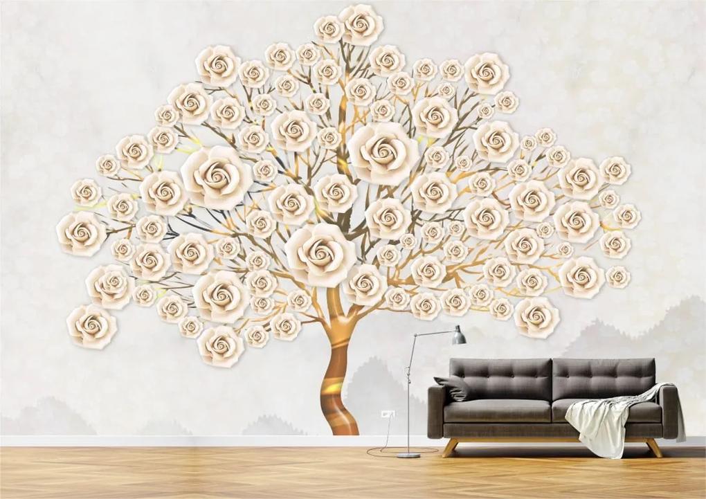 Tapet Premium Canvas - Abstract copac auriu cu flori