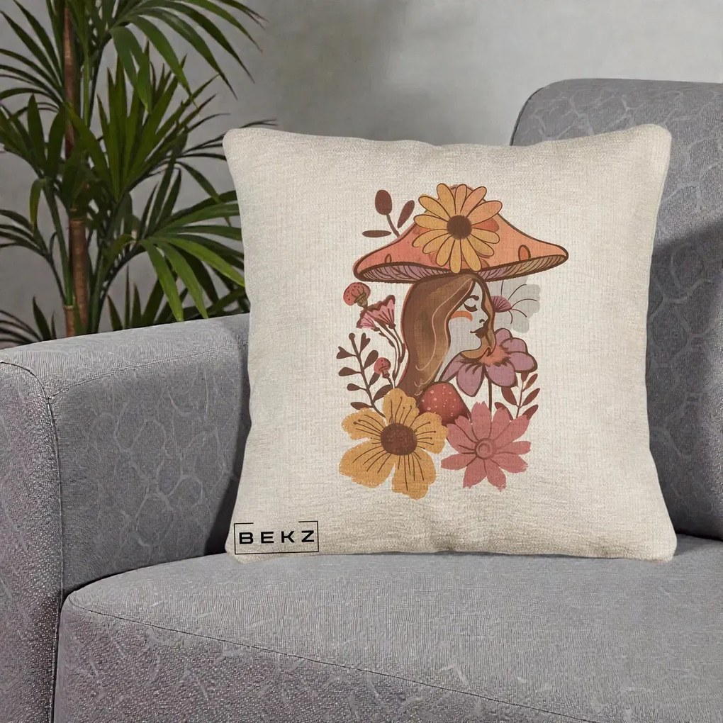 Perna Decorativa Fata Ciuperca Florala Boho, 40x40 cm, Bej Canapea, Husa Detasabila, Perna Inclusa, BEKZ®