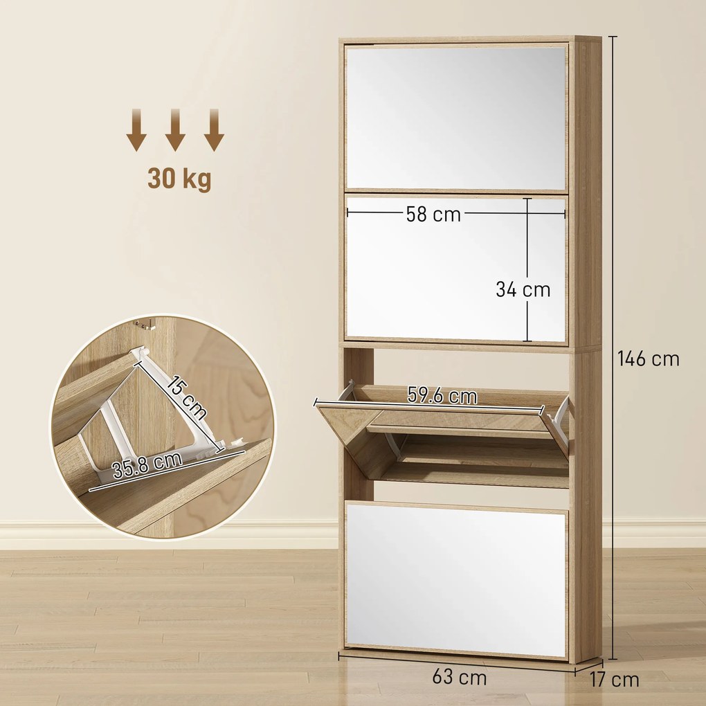 HOMCOM Dulap pentru Încălțăminte Slim cu 4 Uși și Oglindă 63x17x146 cm Culoare Lemn | Aosom Romania