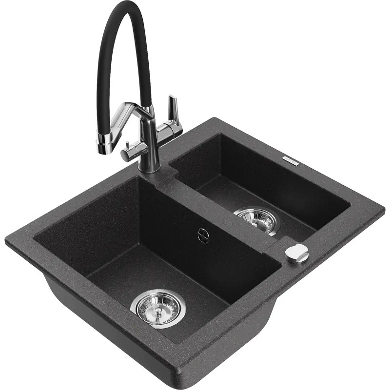 Mexen Carlos chiuvetă de granit cu 1,5 compartimente și baterie de bucătărie Duo, neagră cu pete - 6518-76-671701-07