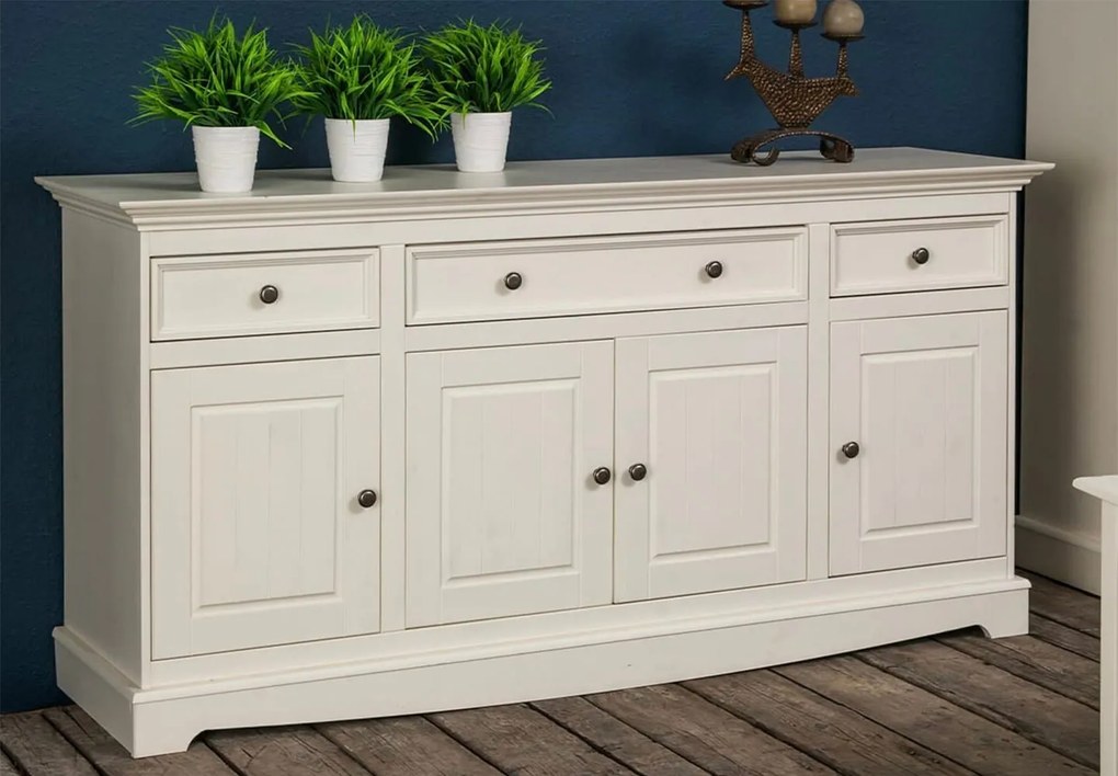 Comodă lemn masiv alb Linea, 167 × 45 × 85 cm