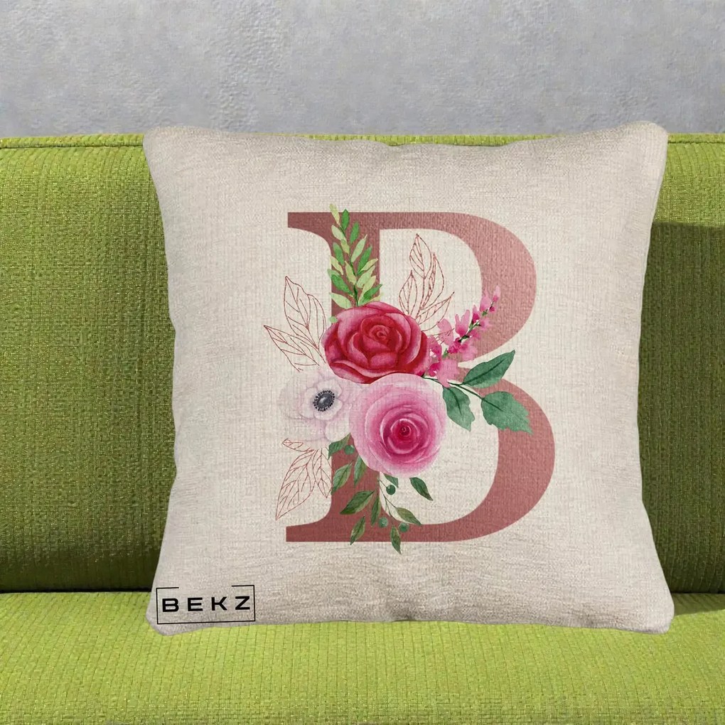 Cadou Personalizat - Perna Personalizata Monograma Rose Gold Litera B, 40x40 cm, Bej Canapea, Husa Detasabila, Perna Inclusa, BEKZ®