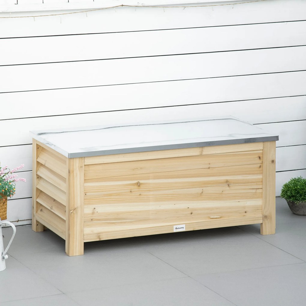 Outsunny Ladă de Depozitare Exterior din Lemn cu Capac Metalic Galvanizat și Design cu Șipci 110x50x50 cm Lemn Natural | Aosom Romania