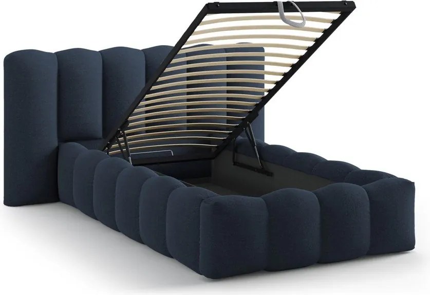 Pat albastru tapițat cu spațiu de depozitare cu somieră 90x200 cm Lupine – Micadoni