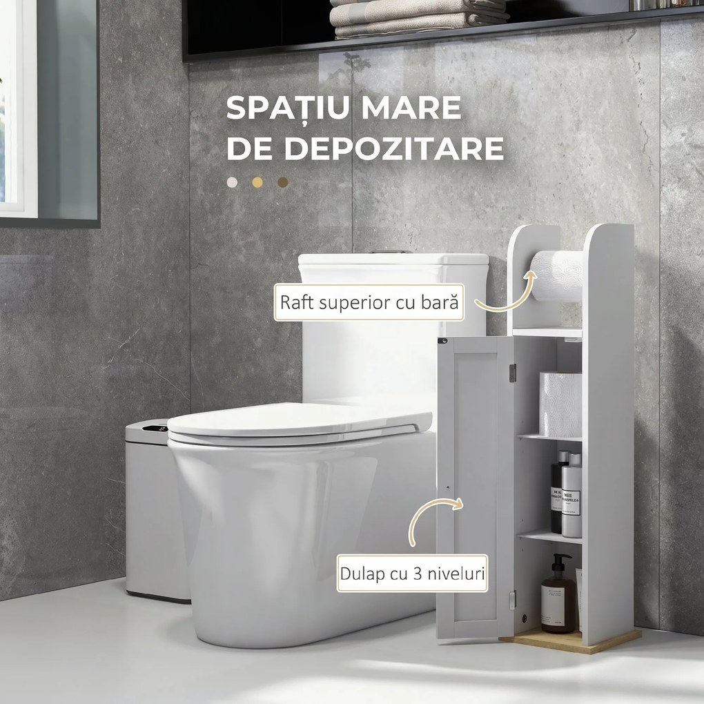 kleankin Dulap Baie Îngust, Dulăpior Salvaspațiu cu Suport Hârtie Igienică, Rafturi Reglabile, pentru Spălătorie, Modern, 20x20x80 cm, Alb | Aosom Romania