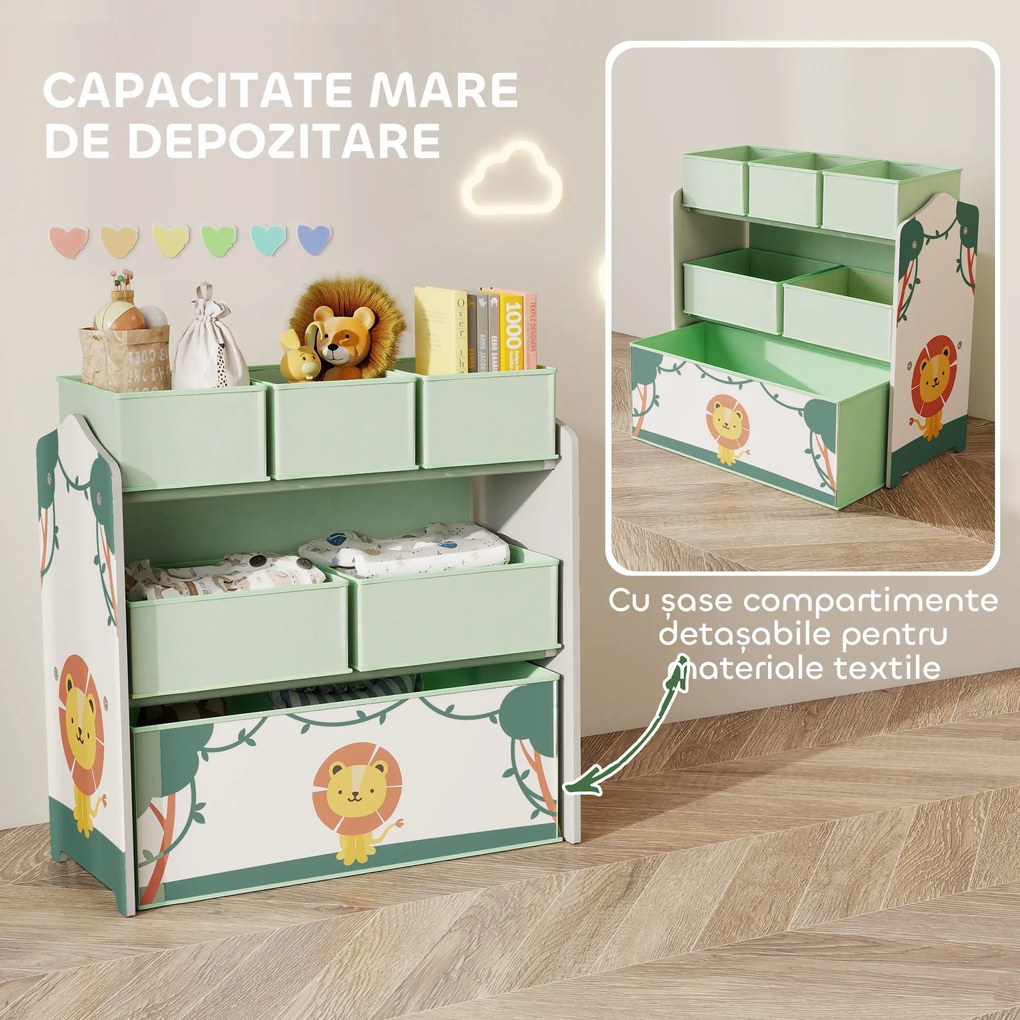 AIYAPLAY Raft pentru Jucării Copii cu 3 Niveluri și 6 Containere Detașabile din Material Textil, Mobilier Organizator pentru Dormitor, Cameră de Joacă și Sufragerie, Verde | Aosom Romania