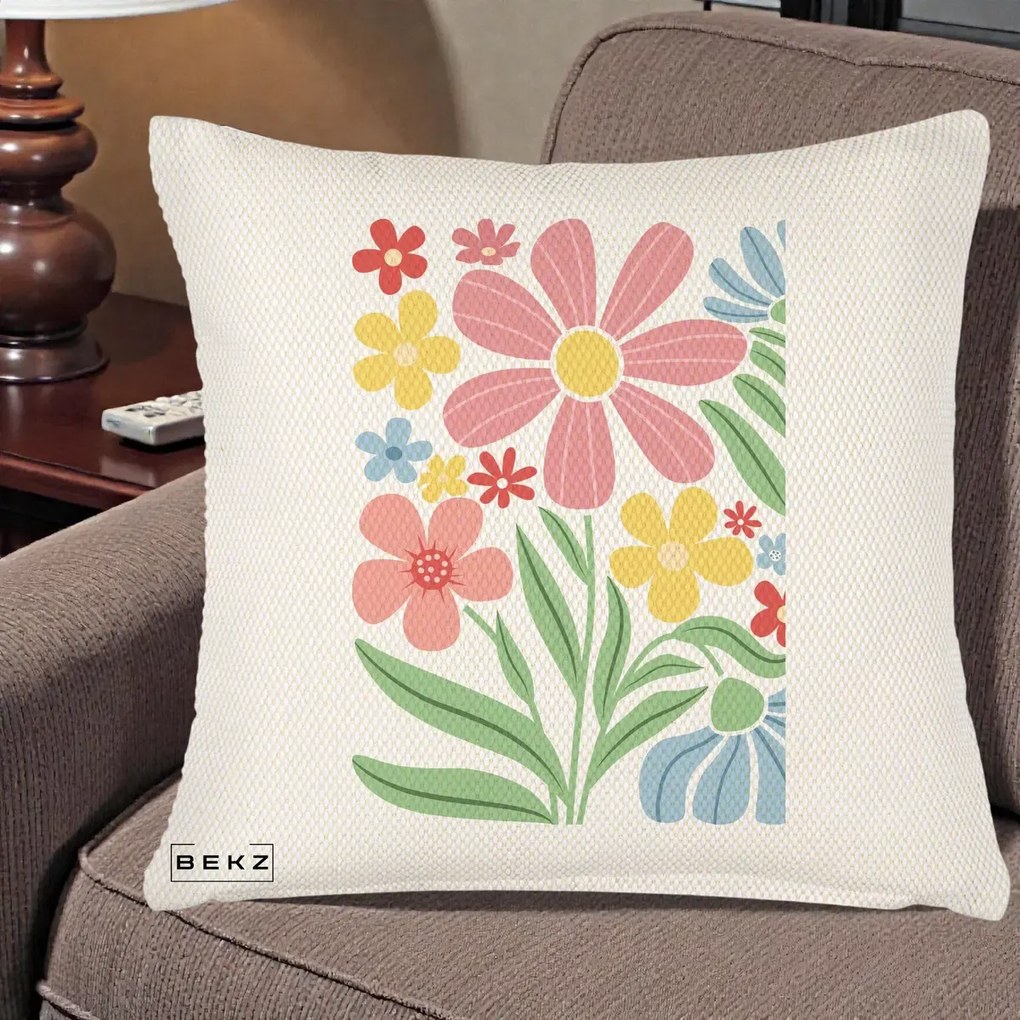 Perna Decorativa Flori Grafice Roz Pastel, 40x40 cm, Crem Reliefat, Husa Detasabila, Perna Inclusa, BEKZ®
