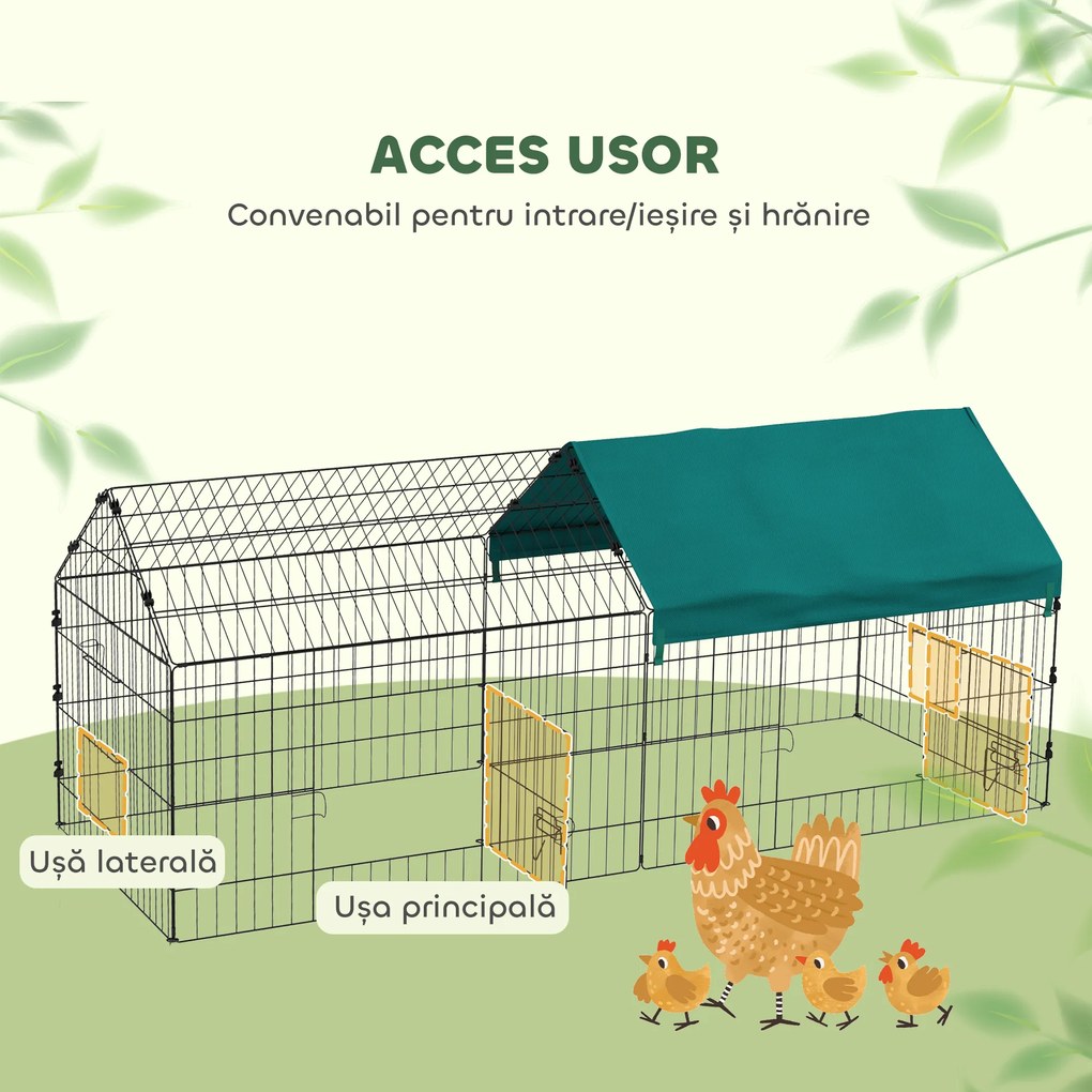 PawHut Cușcă pentru Iepuri și Găini de Exterior și Interior cu Protecție Solară și Grilaj Metalic, Coteț Recint pentru Animale Mici, Găini, 185x75x75 cm, Verde | Aosom Romania