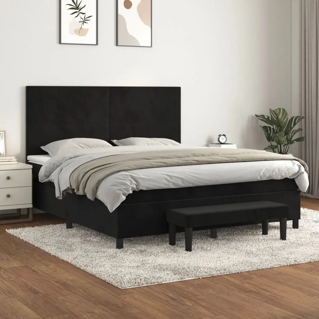 Pat box spring cu saltea, negru, 180x200 cm, catifea Negru, 180 x 200 cm, Design simplu