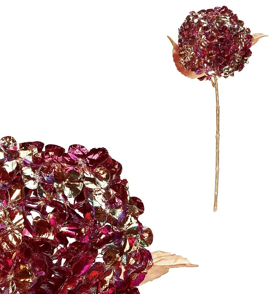 Hortensie artificială tăiată, cu auriu, floareviolet-aurie, 60 cm