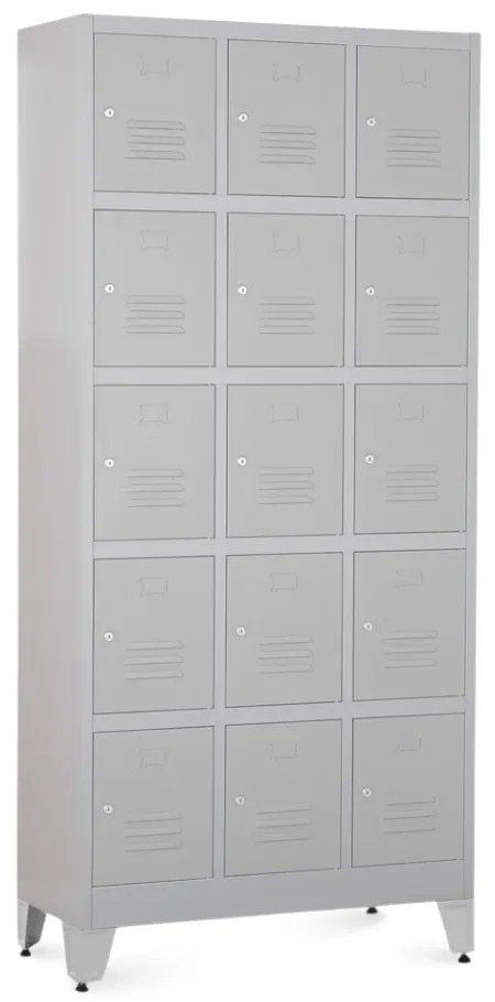 Dulap metalic - 15 cutii, 90 x 40 x 196,5 cm, picioare reglabile, încuietoare cilindrică, gri deschis - ral 7035