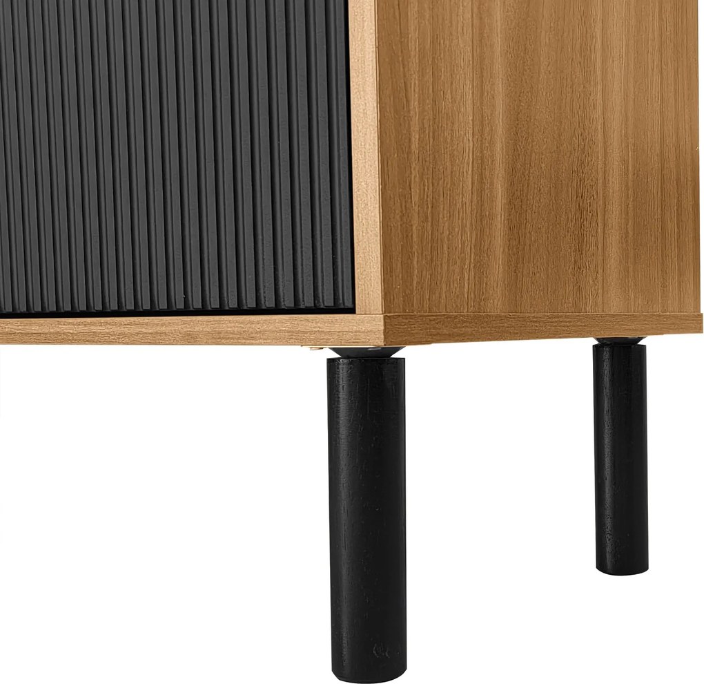 Comodă TV cu trei uși, picioare solide din lemn, 170x38x47 cm, Culoare naturală+Negru