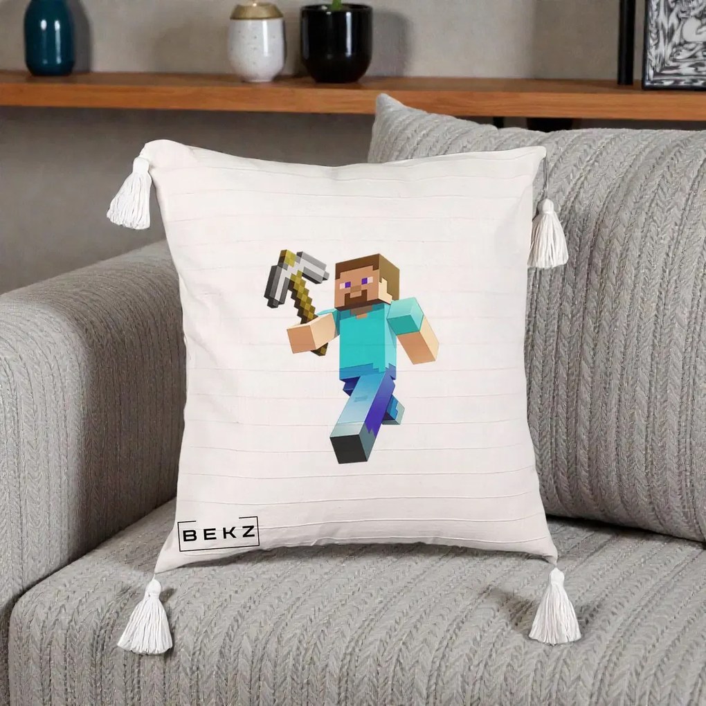 Perna Personalizata Minecraft Steve cu Tarnacop, 40x40 cm, Bej cu Franjuri, Husa Detasabila, Perna Inclusa, BEKZ®