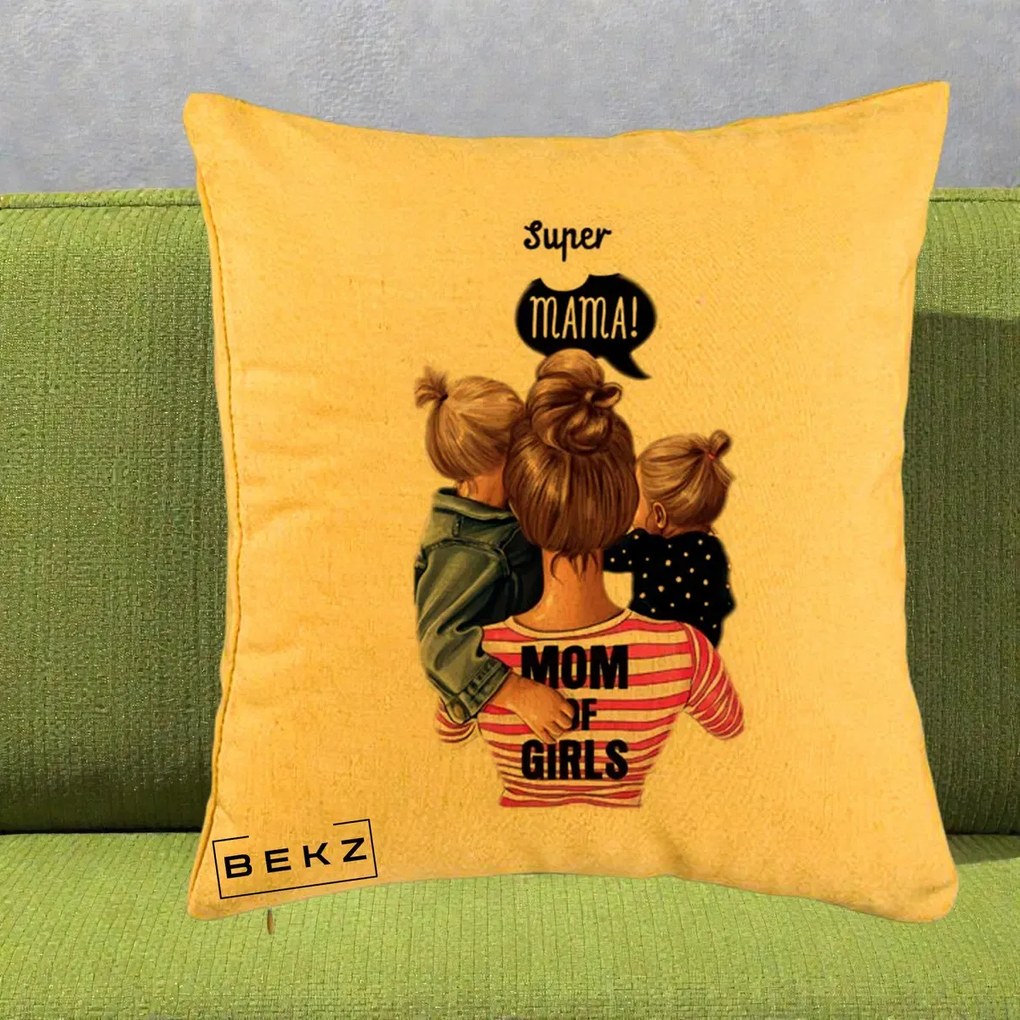 Cadou pentru Mama - Perna Personalizata Super Mama Mom of Girls, 40x40 cm, Galben, Husa Detasabila, Perna Inclusa, BEKZ®