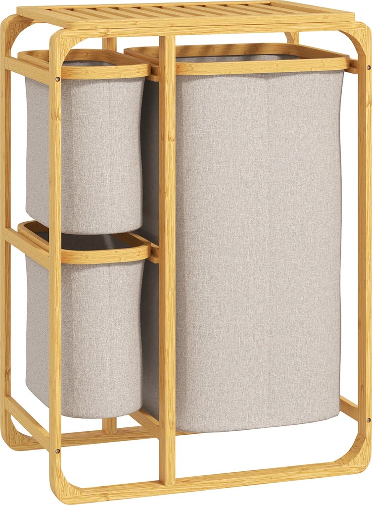 HOMCOM Coș pentru Rufe cu 3 Saci și Rafturi Detașabile din Material Textil din Bambus, 50x32x69,7 cm, Alb Crem | Aosom Romania